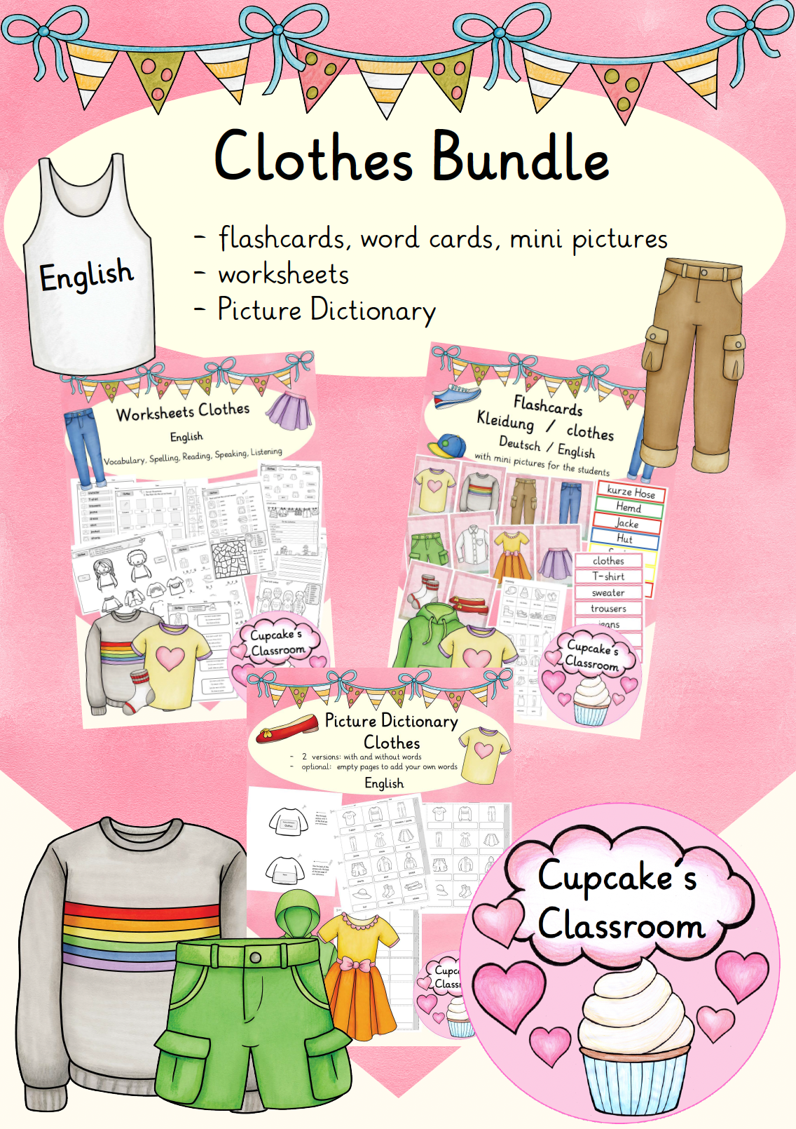 Inglés ropa (clothes) paquete hojas de trabajo, tarjetas con