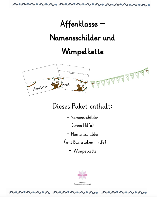 Materialpaket Affenklasse Namensschilder + Wimpelkette ...