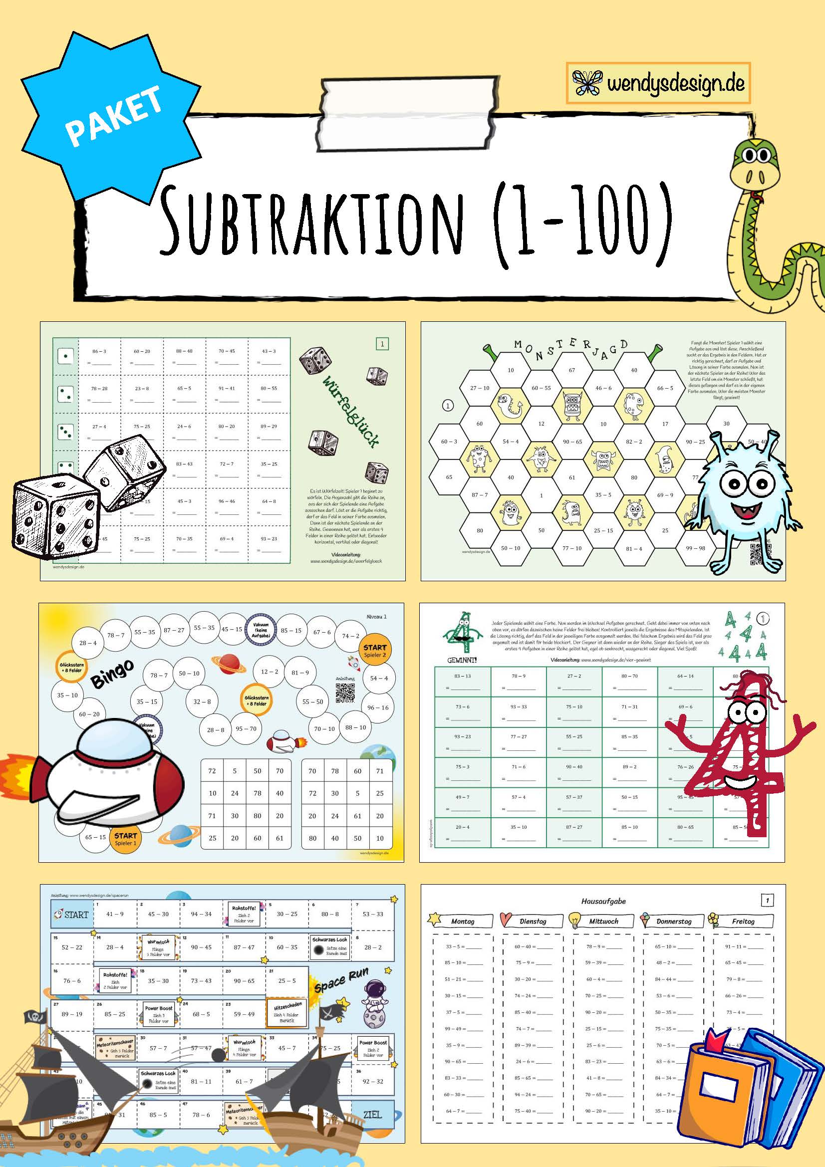 Subtraktion im ZR 100 (mit & ohne ZÜ) - Spielesammlung (8 Spiele + 2 AB