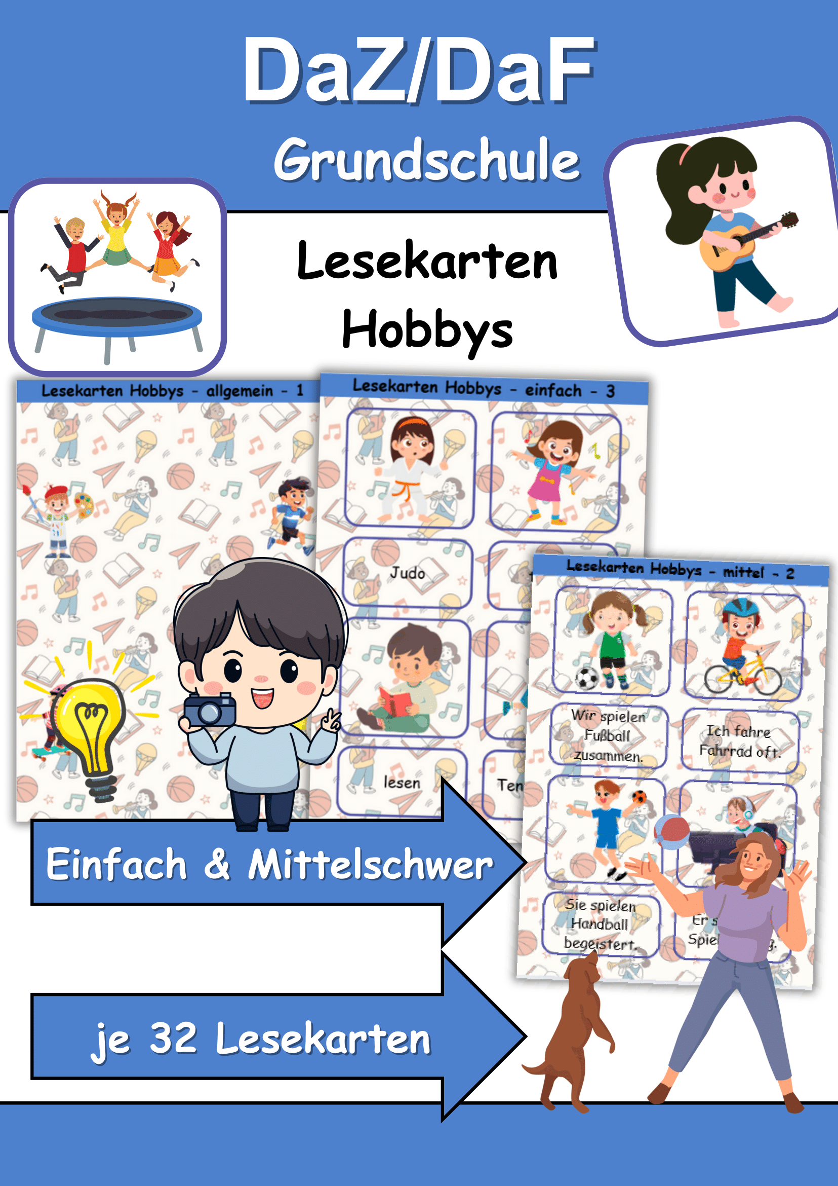Materialpaket - Lesekarten/Bildkarten Hobbys/Hobbies einfach und