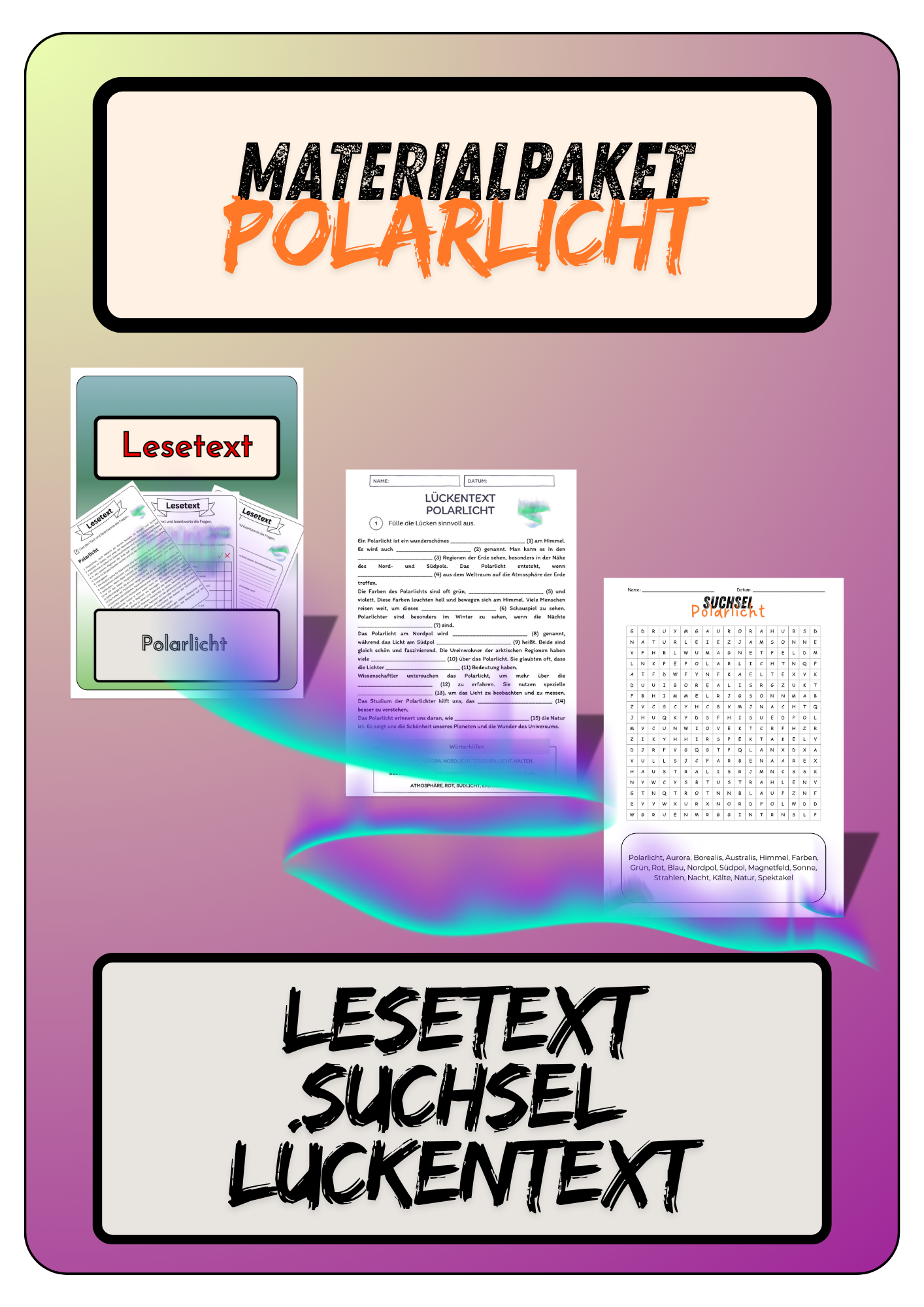 Materialpaket Polarlicht | Lesetext + Fragen - Suchsel - Lückentext